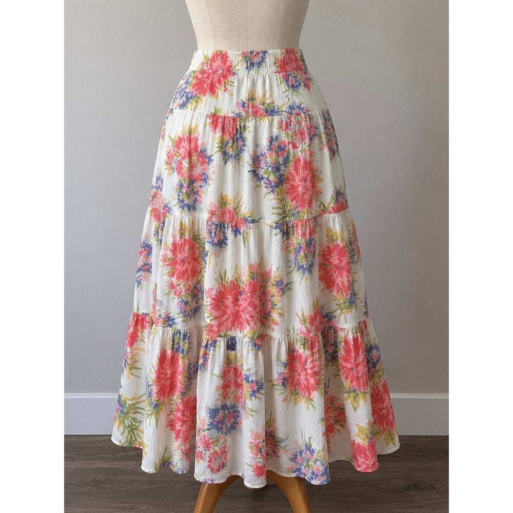 Chaps Denim Floral Tiered Maxi Skirt L 10/12 Cotton Boho Coastal Cottagecore - Picture 3 of 8